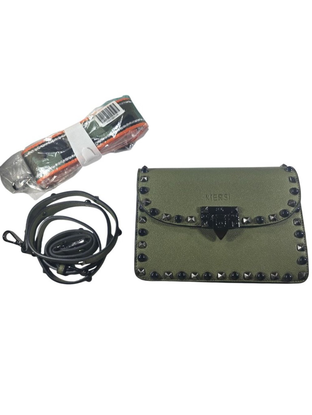 Mersi Olive Green Crossbody Bag Studded Detailing Two Adjustable Straps Purse
